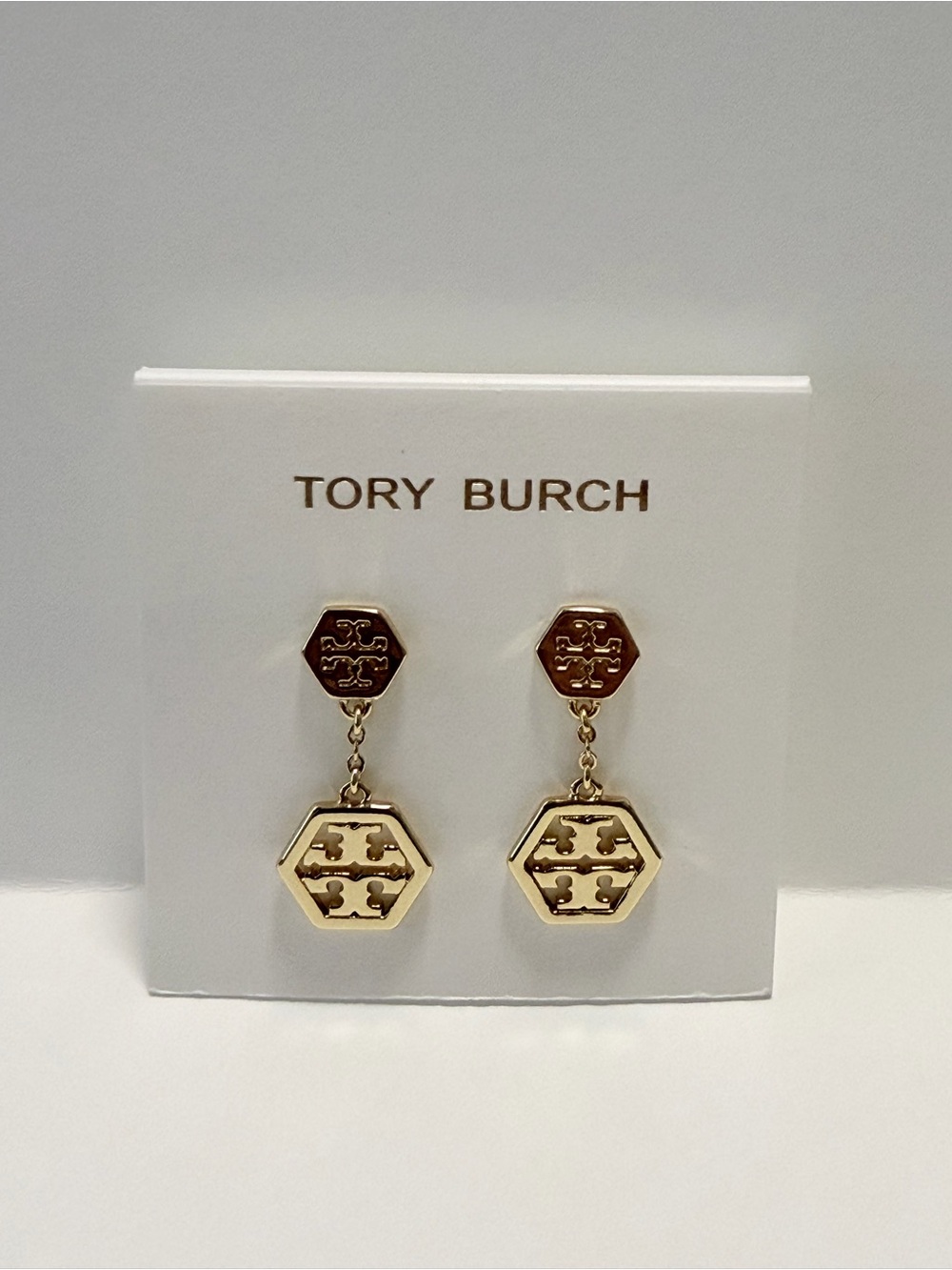 Tory Burch Gold Hexagon Logo Drop Earrings